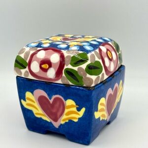 Studio Art Pottery Trinket Box Friends Forever Artist Signed Hearts Blue Pink